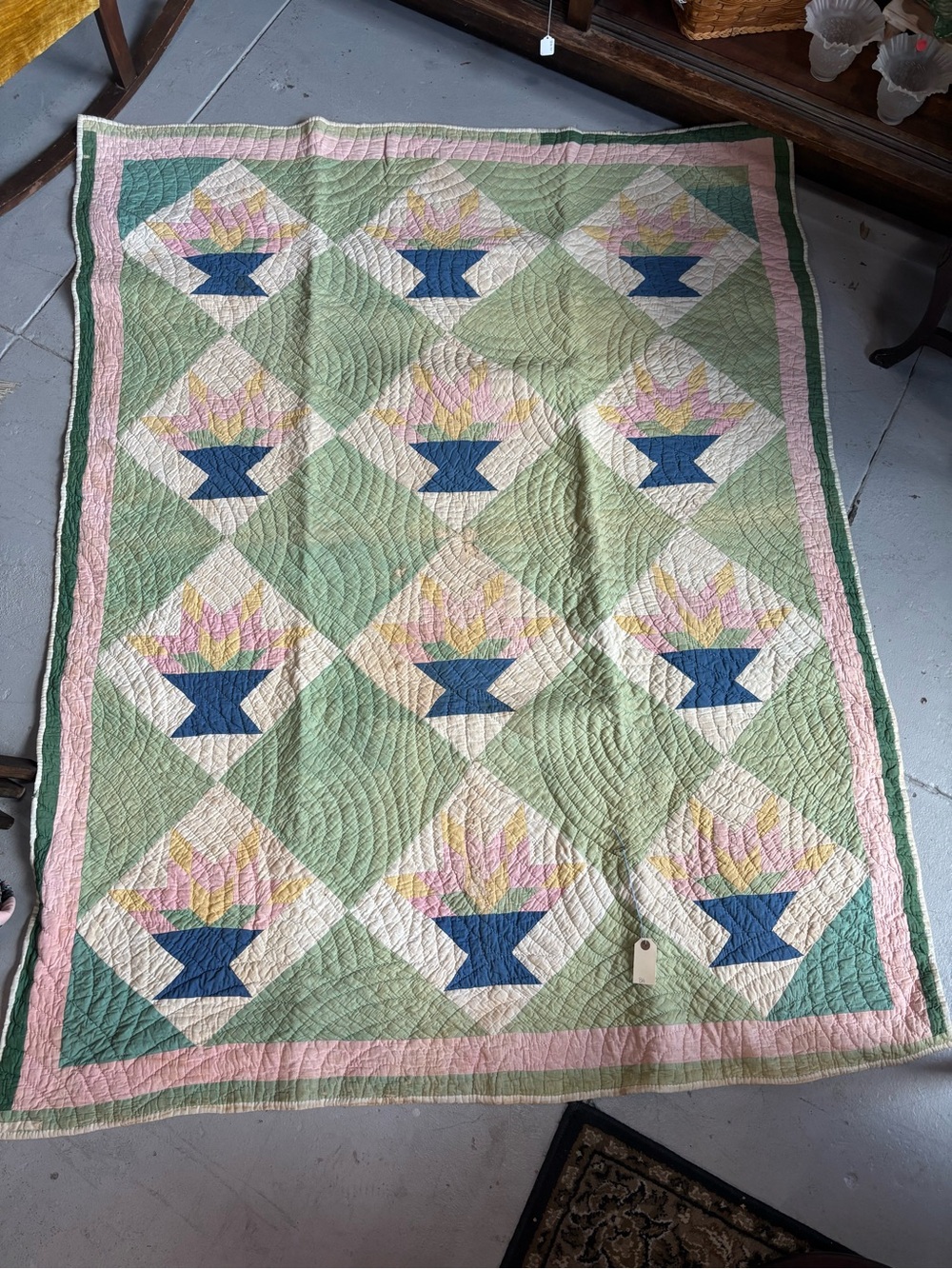Handmade Pastel Flower Basket Quilt - Green and Pink